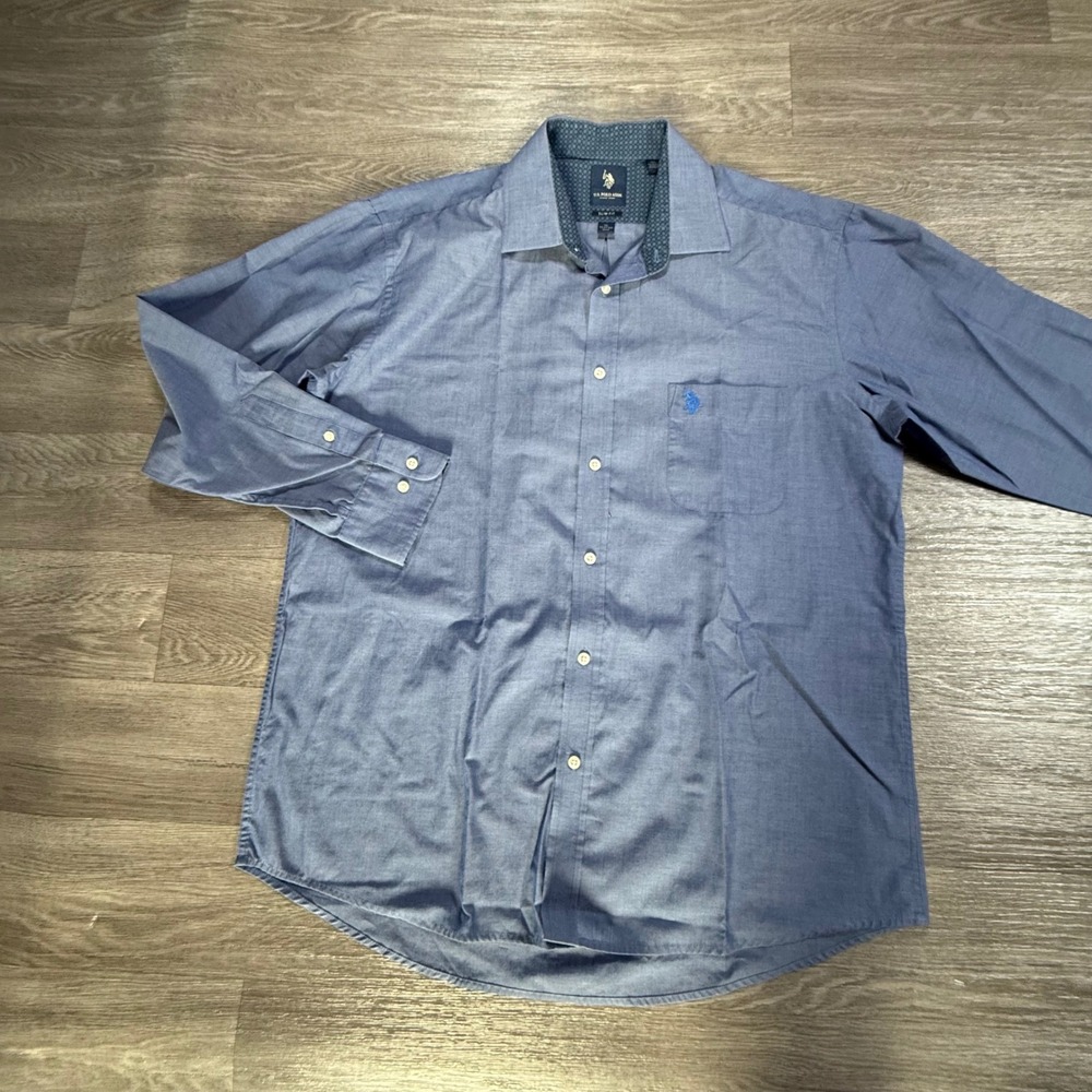US Polo Assn Mens XL Slim Fit Blue Long Sleeve Button Down Shirt Pocket Logo